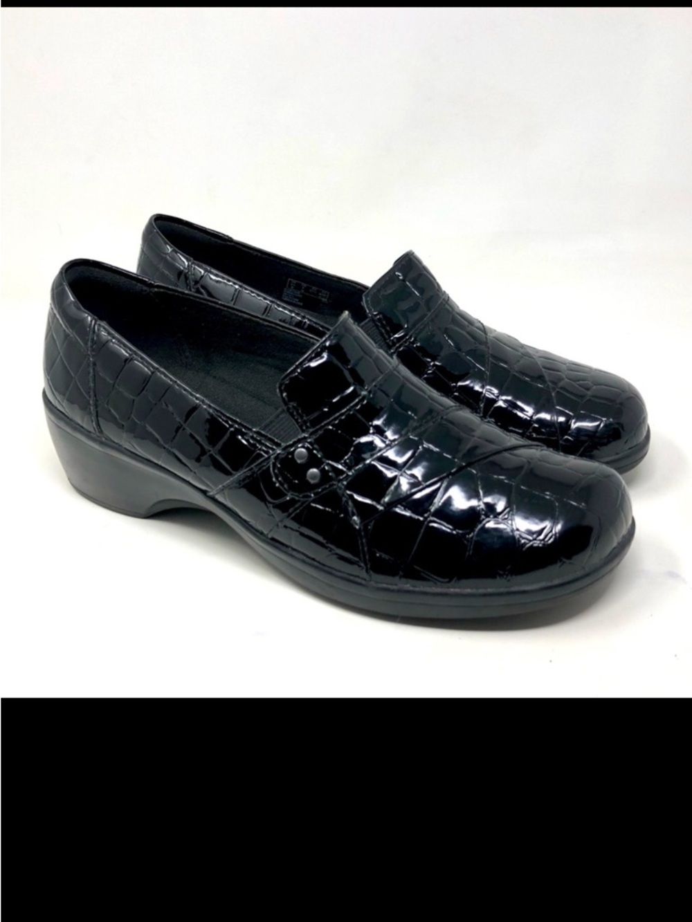 Clarks Black Mary Orchid Croc Embossed Slip on Shoes Size 7